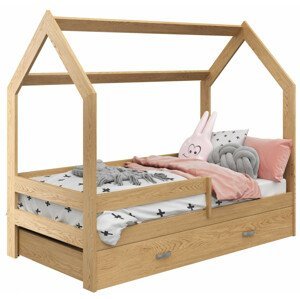 Dětská postel Domek 80x160 cm D3, rošt ZDARMA - borovice, zábrana: borovice, úlož. prost: borovice, matrace: bez matrace