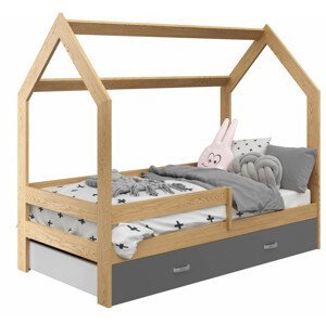 Dětská postel Domek 80x160 cm D3, rošt ZDARMA - borovice, zábrana: borovice, úlož. prost: šedá, matrace: s matrací
