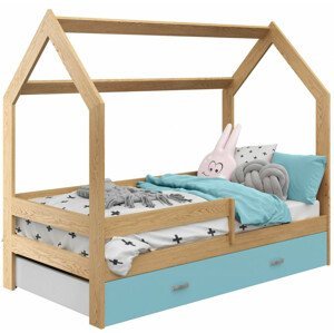 Dětská postel Domek 80x160 cm D3, rošt ZDARMA - borovice, zábrana: borovice, úlož. prost: modrá, matrace: s matrací