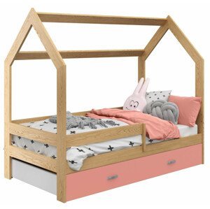 Dětská postel Domek 80x160 cm D3, rošt ZDARMA - borovice, zábrana: borovice, úlož. prost: růžová, matrace: s matrací