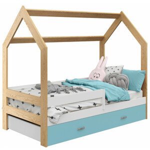 Dětská postel Domek 80x160 cm D3, rošt ZDARMA - borovice, zábrana: bílá, úlož. prost: modrá, matrace: bez matrace