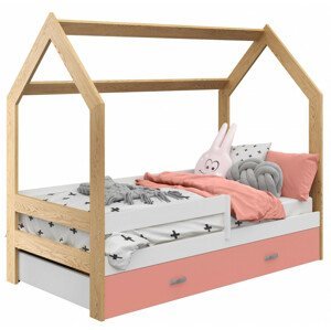 Dětská postel Domek 80x160 cm D3, rošt ZDARMA - borovice, zábrana: bílá, úlož. prost: růžová, matrace: bez matrace