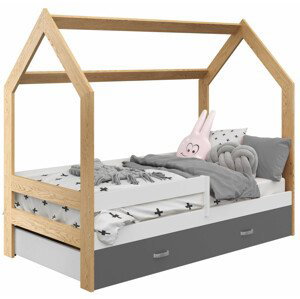 Dětská postel Domek 80x160 cm D3, rošt ZDARMA - borovice, zábrana: bílá, úlož. prost: šedá, matrace: s matrací