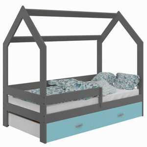 Dětská postel Domek 80x160 cm D3, rošt ZDARMA - šedá, úlož. prost: modrá, matrace: bez matrace