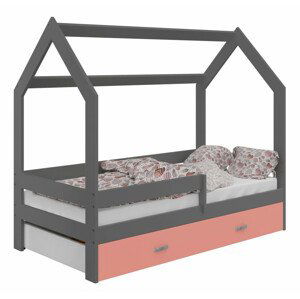 Dětská postel Domek 80x160 cm D3, rošt ZDARMA - šedá, úlož. prost: růžová, matrace: s matrací