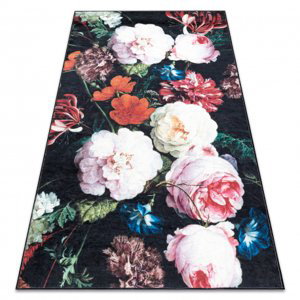 ANDRE mycí kobereček 1629 květiny vintage protiskluz - černý / růžový (Velikost: 80x150 cm)