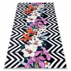 ANDRE mycí kobereček 2300 květiny, zigzag vintage protiskluz - černý / bílý (Velikost: 120x170 cm)