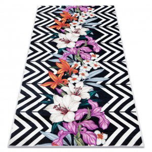 ANDRE mycí kobereček 2300 květiny, zigzag vintage protiskluz - černý / bílý (Velikost: 160x220 cm)