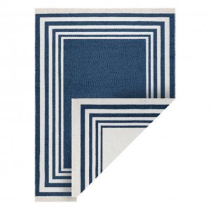 Koberec TWIN 22990 Vzor rámu, bavlna, oboustranný, Ekologické třásně - tmavě modrý / krémová (Velikost: 60x90 cm)