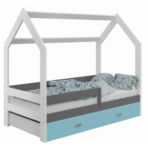Dětská postel Domek 80x160 cm D3, rošt ZDARMA - bílá (Volba matrace: Bez matrace, Barva úložného prostoru: Modrá, Barva zábrany: Šedá)