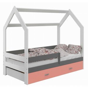 Dětská postel Domek 80x160 cm D3, rošt ZDARMA - bílá (Volba matrace: Bez matrace, Barva úložného prostoru: Růžová, Barva zábrany: Šedá)