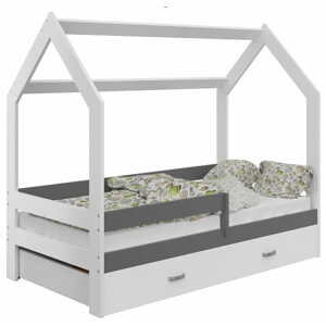 Dětská postel Domek 80x160 cm D3, rošt ZDARMA - bílá (Volba matrace: S matrací, Barva zábrany: Šedá, Barva úložného prostoru: bez úložného prostoru)