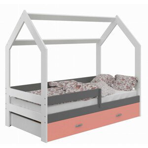 Dětská postel Domek 80x160 cm D3, rošt ZDARMA - bílá (Volba matrace: S matrací, Barva úložného prostoru: Růžová, Barva zábrany: Šedá)