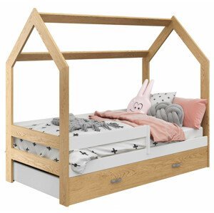 Dětská postel Domek 80x160 cm D3, rošt ZDARMA - borovice (Volba matrace: S matrací, Barva zábrany: Bílá, Barva úložného prostoru: bez úložného prostor