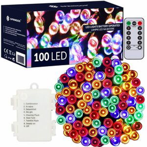 LED světelný řetěz - 10m, 100LED, 8 funkcí, ovladač, 3xAA, IP44, multicolor