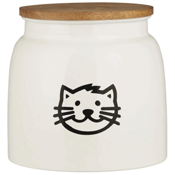 IB Laursen Bílá kovová dóza na krmivo pro kočky s dřevěným víkem CAT FOOD