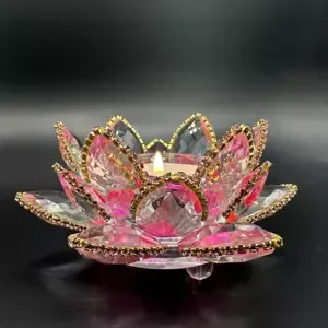 Křišťálové sklo - Svícen lotosový květ s minerály Basic, Růžová