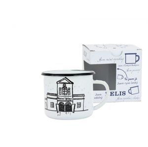 BELIS Smaltovaný hrnek 8 cm/0,35l, bílý "masné krámy" v krabičce