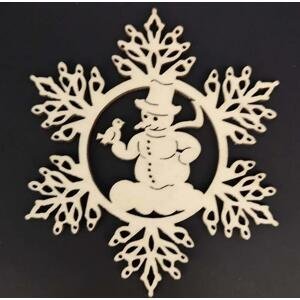 AMADEA Dřevěná ozdoba vločka se sněhulákem 9 cm