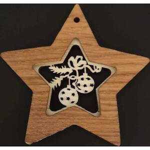 AMADEA Dřevěná ozdoba z masivu s vkladem - hvězda s koulemi 8 cm