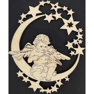 AMADEA Dřevěná ozdoba anděl na měsíci s houslemi 9 cm