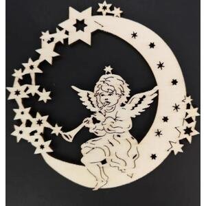 AMADEA Dřevěná ozdoba anděl na měsíci s trumpetou 9 cm