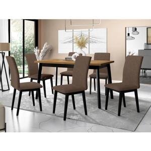Jídelní stůl se 6 židlemi AL23, Barva dřeva: dub grandson - L, Potah: Soro 28, Barvy nožiček: černá
