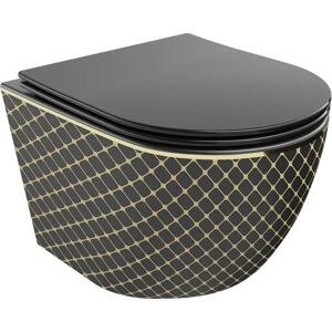 Mexen Lena WC mísa Rimless s pomalu padající deskou slim, duroplast, Černá/Zlatá vzor káro - 30224079