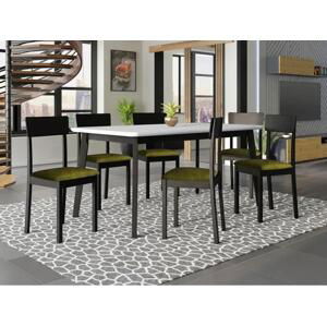 Rozkládací jídelní stůl se 6 židlemi - AL19, Barva dřeva: bílá + černá, Potah: Zetta 297