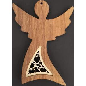 AMADEA Dřevěná ozdoba z masivu s vkladem - anděl s ornamentem srdce 12 cm
