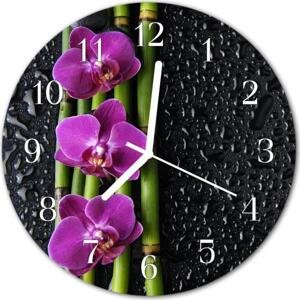 Nástenné skleněné hodiny orchidej fi 30 cm