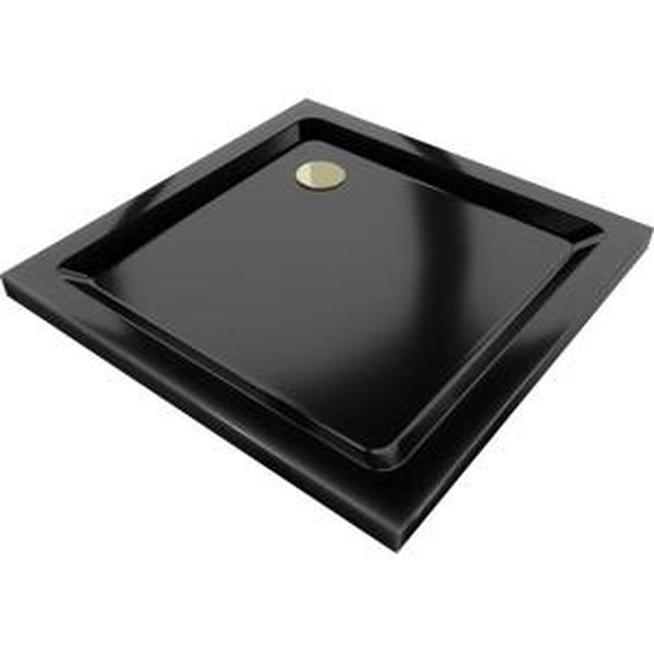 Mexen Flat čtvercová vanička do sprchového kout slim 100 x 100 cm, Černá, sifon Zlatá- 40701010G