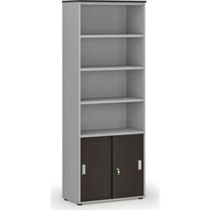 Kombinovaná kancelářská skříň PRIMO GRAY, zasouvací dveře na 2 patra, 2128 x 800 x 420 mm, šedá/wenge