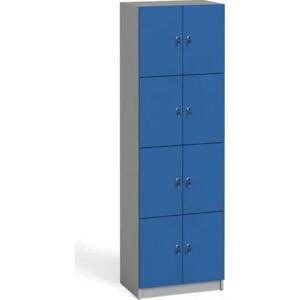 Dřevěná šatní skříňka s úložnými boxy, 8 boxů, 2x4, šedá / modré