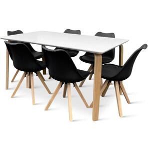 Dřevěný jídelní set ZAHA bílý + 6x židle Gina černá