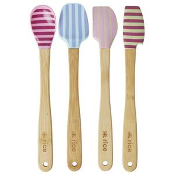 rice Malé silikonové stěrky Multicolor/Bamboo - set 4 ks, růžová barva, fialová barva, modrá barva, béžová barva, krémová barva, přírodní barva, dřevo, plast