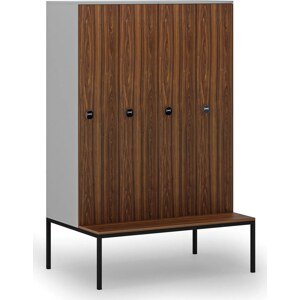 Dřevěná šatní skříňka s lavičkou, 4 oddíly, 1871 x 1200 x 500/800 mm, RFID zámek, šedá/ořech