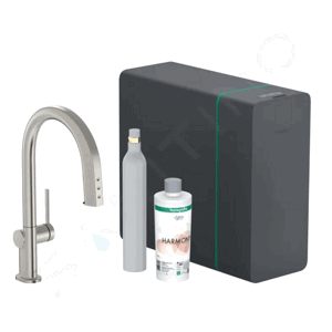 Hansgrohe Aqittura M91 Dřezová baterie s výsuvnou koncovkou, SodaSystem, sBox, vzhled nerezu 76806800