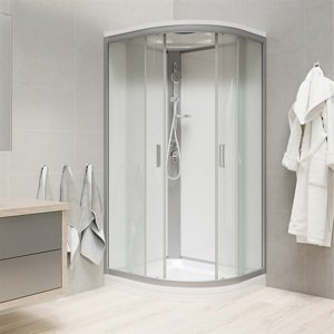 Mereo Kompletní sprchový box se stříškou, čtvrtkruh 90 x 90 cm, satin rám, hrubé sklo, litá vanička, stříška