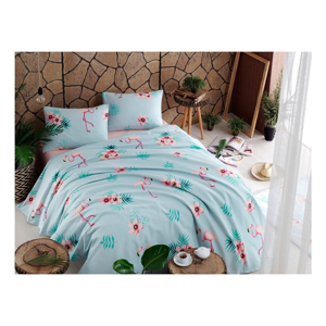 Set bavlněného přehozu přes postel, prostěradla a 2 povlaků na polštář Flamenco Mint, 200 x 235 cm