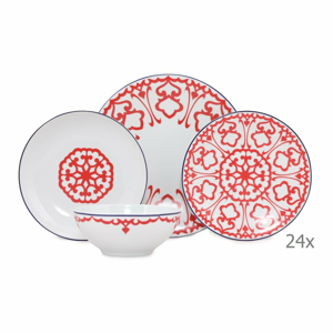 24dílný set bílého porcelánového nádobí s červeným vzorem Kütahya Porselen Desen