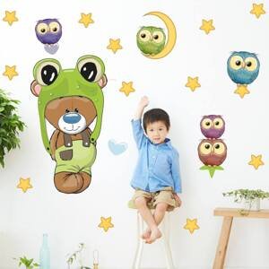 Dětské samolepky na zeď - Oblíbený medvídek a sovičky v zeleném
