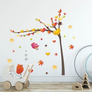 Samolepka na zeď - Jesenný strom s ptáčky