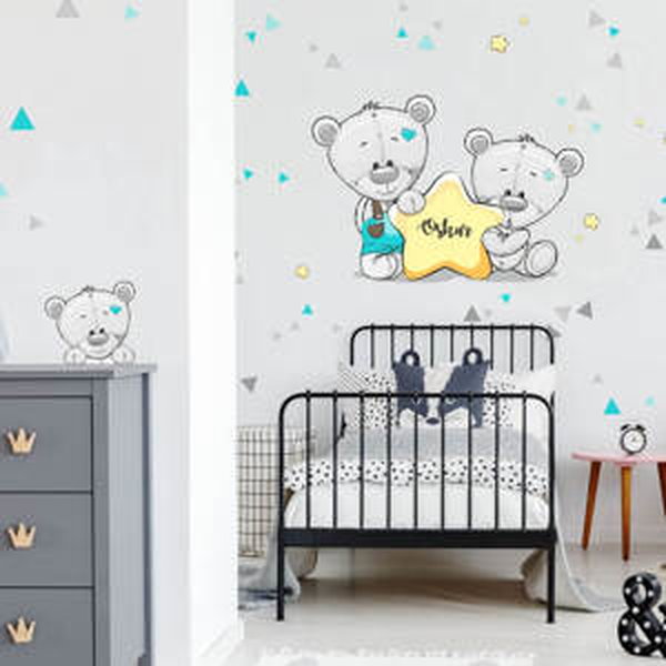 Dětské samolepky na zeď - Medvídci s jménem a trojuhelníky