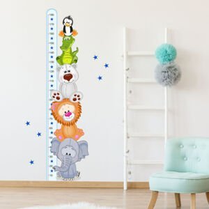 Dětské samolepky na zeď - Modrý metr s barevnými zvířátky (180 cm)