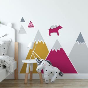 Samolepky do dětského pokoje - Hory a kopce v růžové a hořčicové barvě s tabulovou fólií