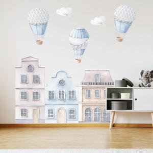 Samolepky do dětského pokoje - Modré domky s horkovzdušnými balóny