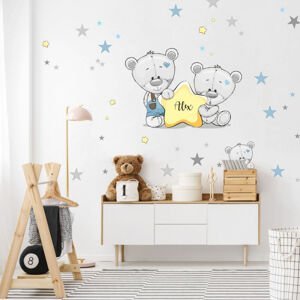 Samolepky do dětského pokoje - Medvídci s hvězdičkou a se jménem v modré barvě