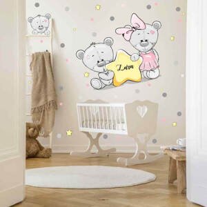 Samolepky do dětského pokoje - Růžoví medvídci s hvězdičkou a se jménem