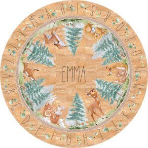 Dětský kruhový koberec - Srnčí rodinka s abecedou